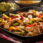 A serving of crockpot chicken fajitas served with flour tortillas and garnishes